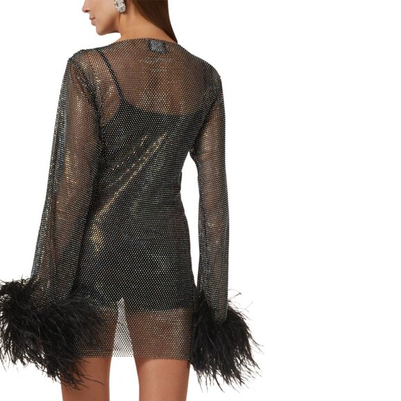 Santa Brands Black Rhinestone Ostrich Feather Mini Dress - Picture 5 of 11